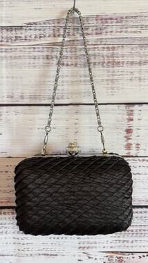 Evening Bag Clutch Purse Black Crisscross Quilted Rhinestone Clasp Chain Strap